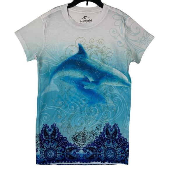 Sea World women's size small dolphin mandala glitter short sleeve shirt blue whi - Picture 1 of 7